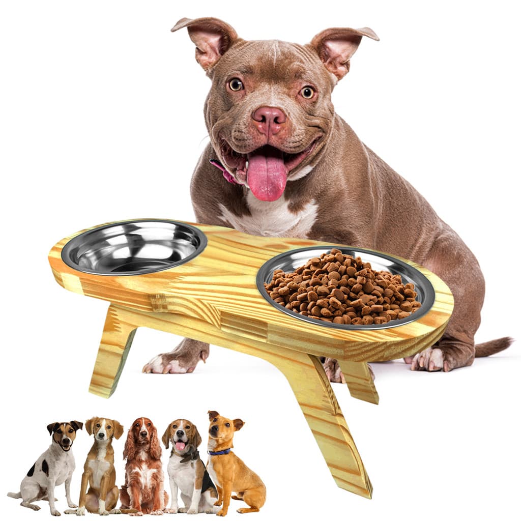 Comedouro Bebedouro Elevado Alto Caes Cachorro Medio Porte Duplo 2 Tigelas Inox Madeira Moderno M Ração Água