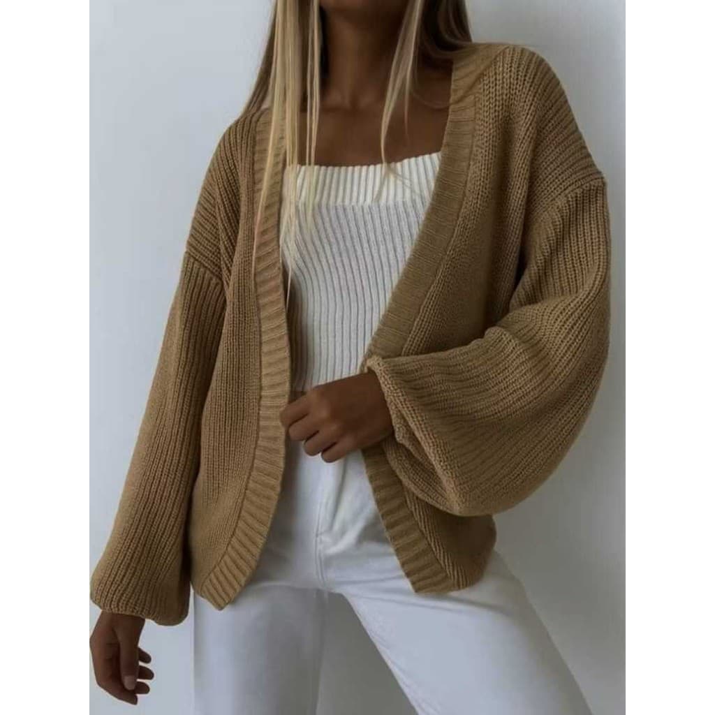 Casaco  Tricot Cardigan Feminino Ponto Fang Manga Longa Bufante Inverno