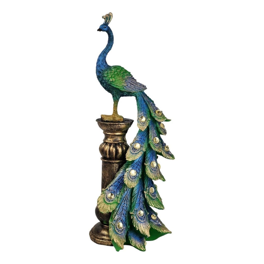 Estatueta Pavão Sagrado No Pedestal Decorativa Resina 37cm