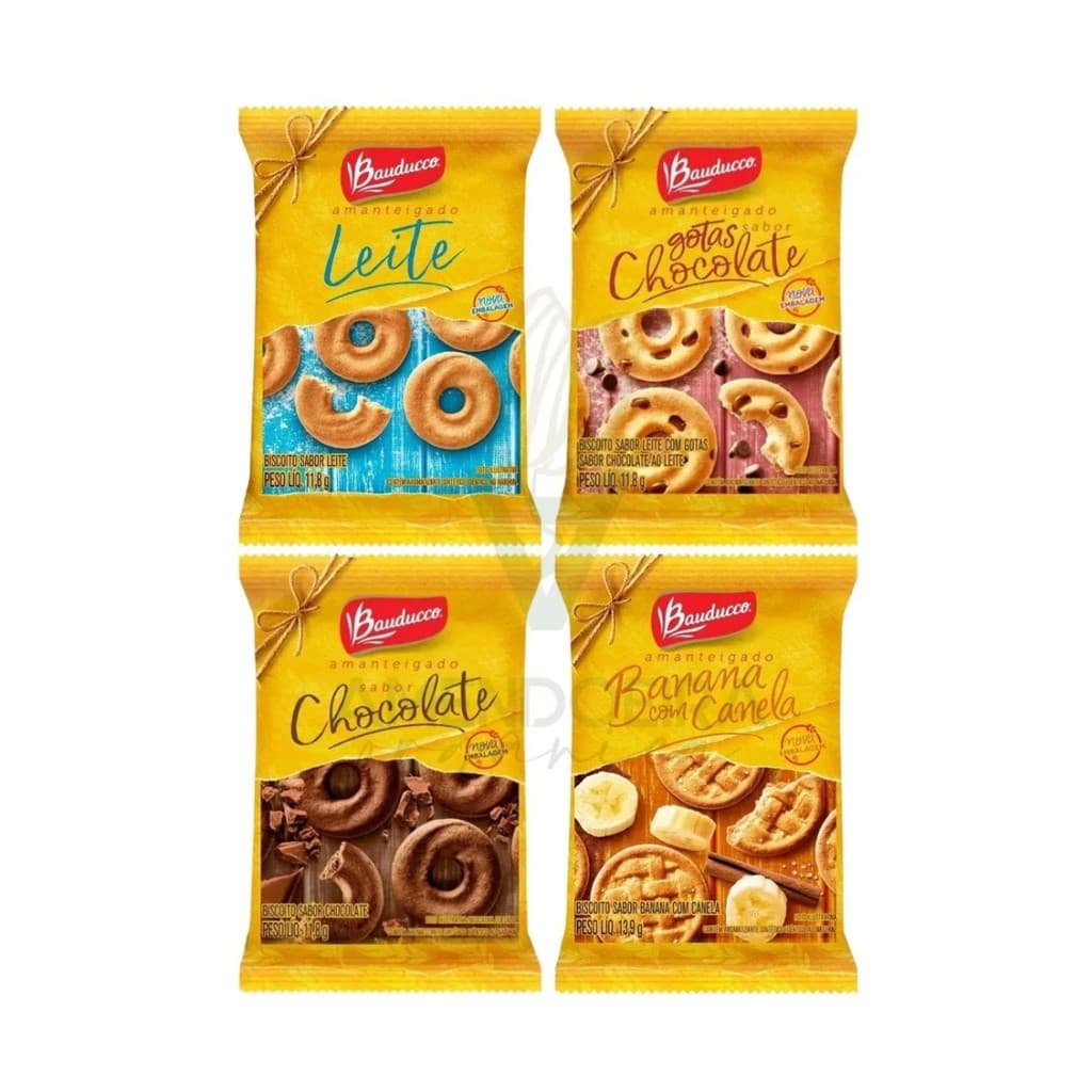 Kit 100 Biscoito Amanteigado Sache Bauducco Sabores(Chocolate, Leite, Leite Com Gotas de Chocolate, Banana Com Canela)
