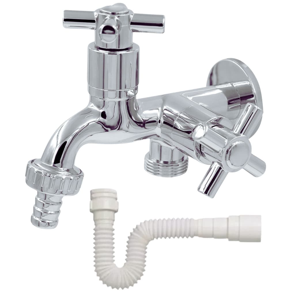 Kit Torneira Abs Duas Saidas Dupla P/ Maquina De Lavar Cromado + Sifão Universal Extensivel Multiuso