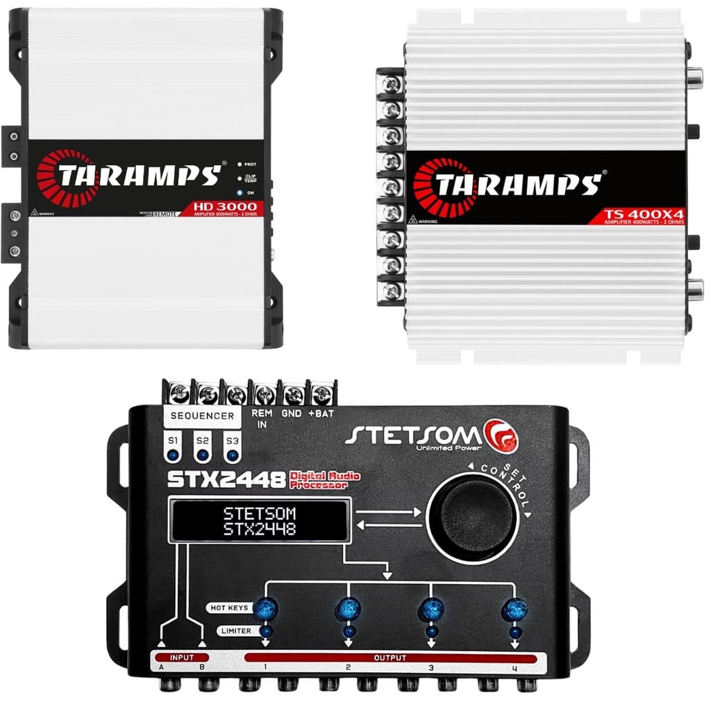 Módulo Taramps TS400x4 + Módulo Taramps HD3000 1 Canal 2 Ohms + Processador Stetsom STX2448 4 Vias