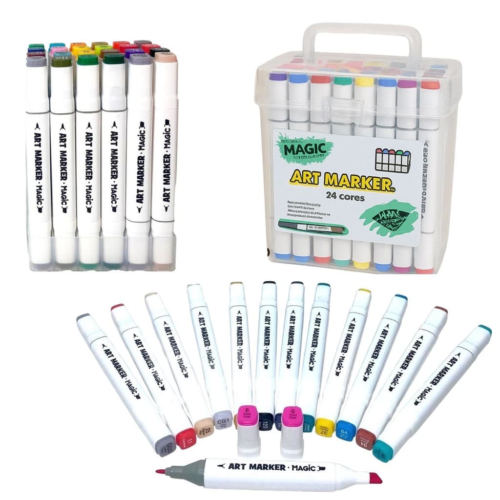 KIT CANETA TOUCH PONTA DUPLA 24 CORES COM ESTOJO MALETA MAGIC KIDS
