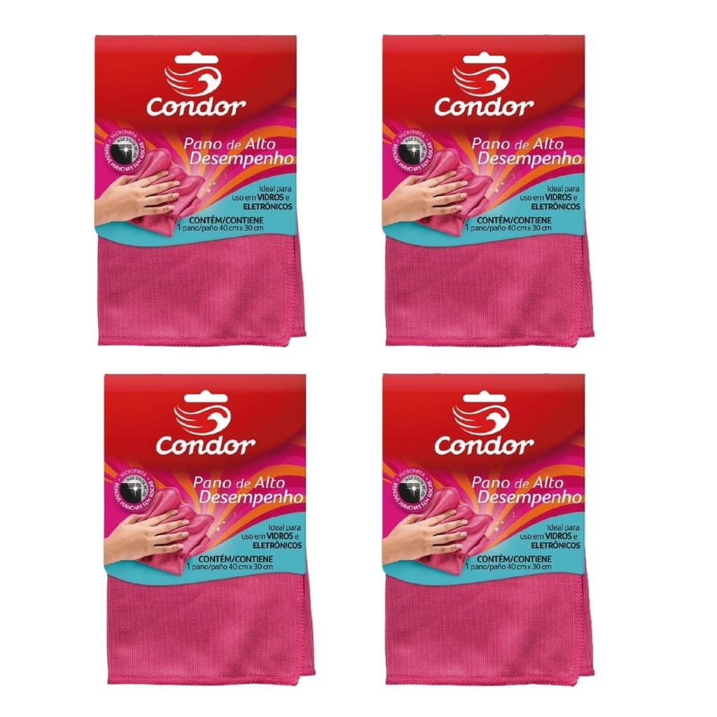 Pano Microfibra Limpa Vidros Rosa 40x30cm Kit C/ 4 Unidades - Condor