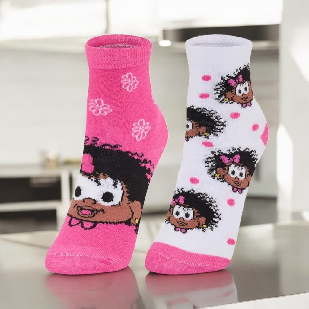 Kit 2 Pares de Meia Soquete Milena Turma da Mônica Infantil Cia da Meia Personagem Criança Snoopy