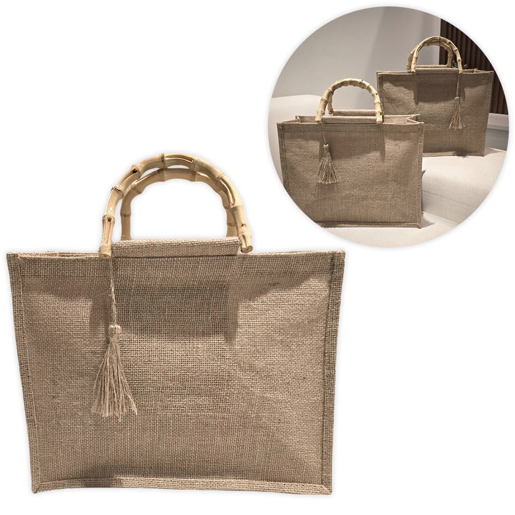 Bolsa De Juta Palha Alça Bambu Feminina Praia Piscina Grande Cor:Bege