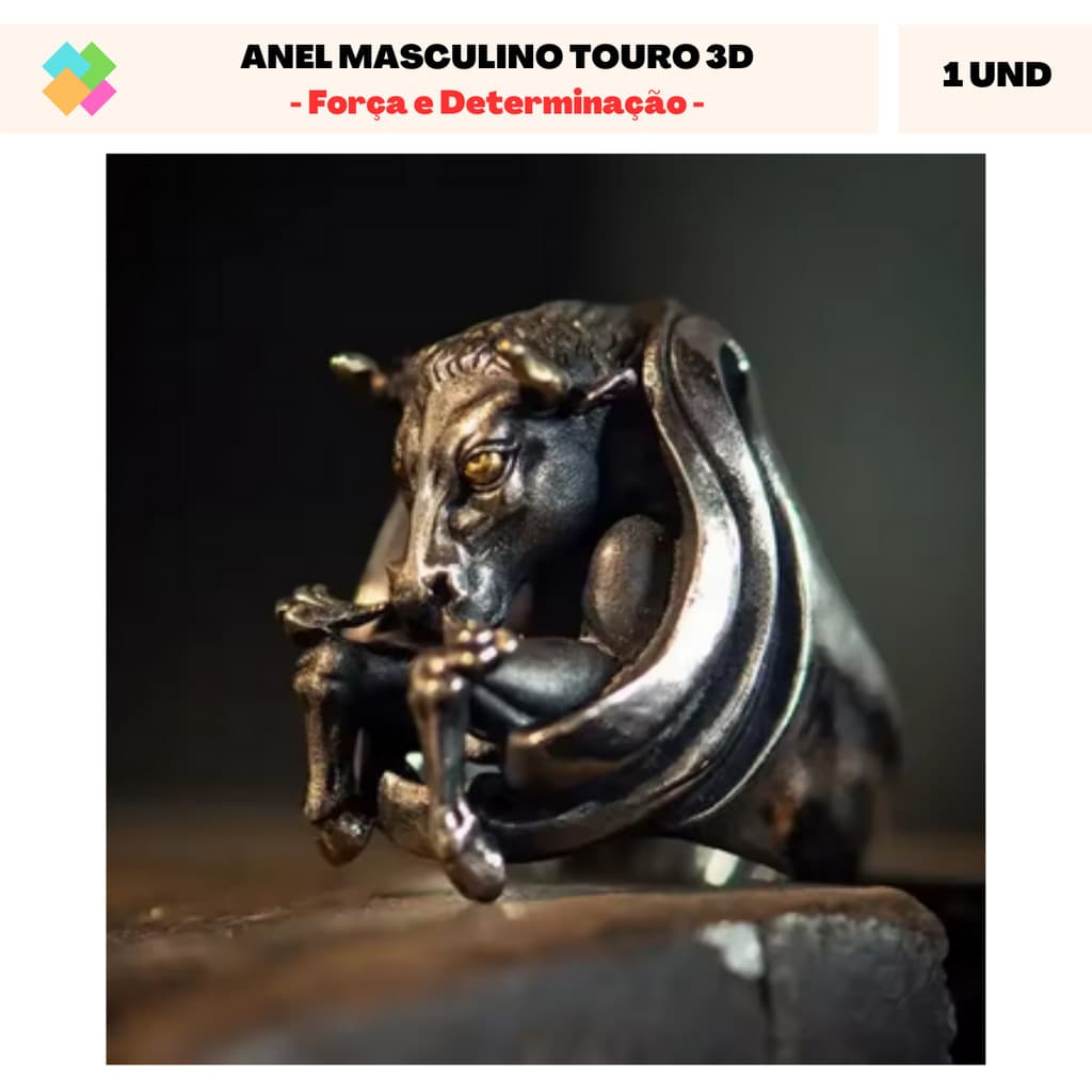 Anel Masculino Touro 3D (Força e Determinação) - Ajustável e em Aço Inox (1 Und)