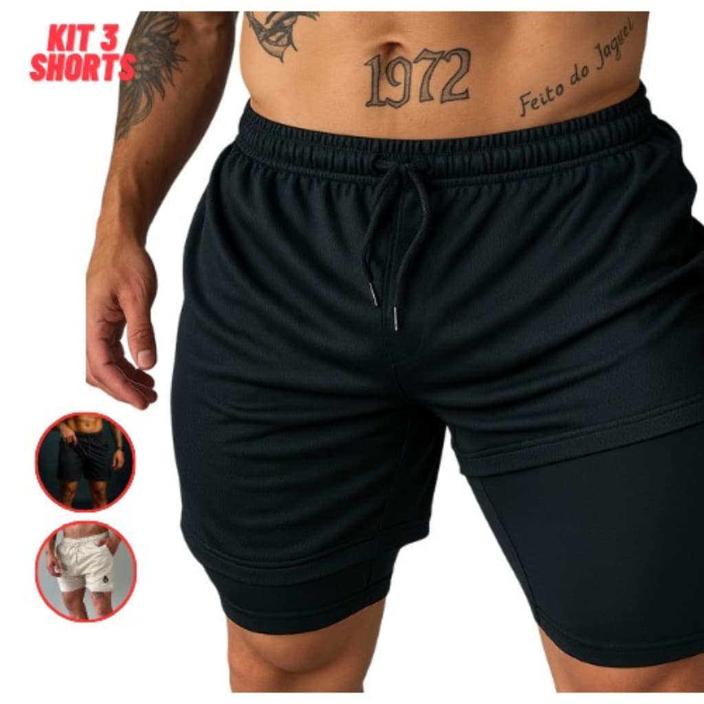 Kit 3 Shorts Masculino 2 em 1 para Treino e Academia