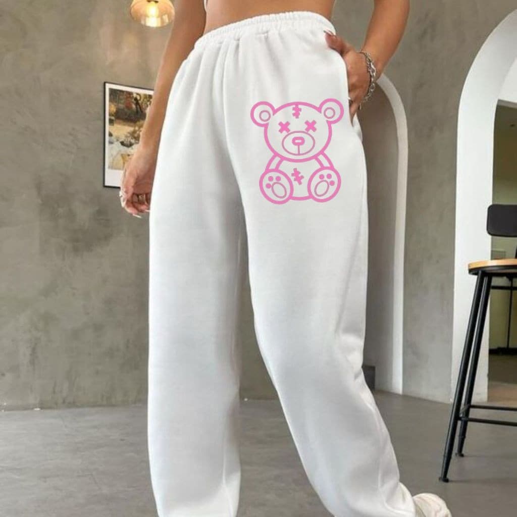 Calça Moletom Feminina Flanelada Urso Rosa Algodão Softwear Confortavel
