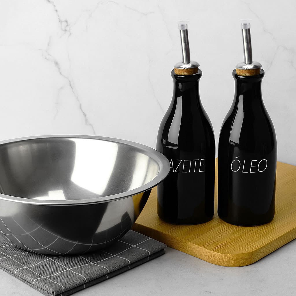 Kit 2 Garrafas Galheteiro Porcelana Preta 270 ml Decorado Azeite e Óleo
