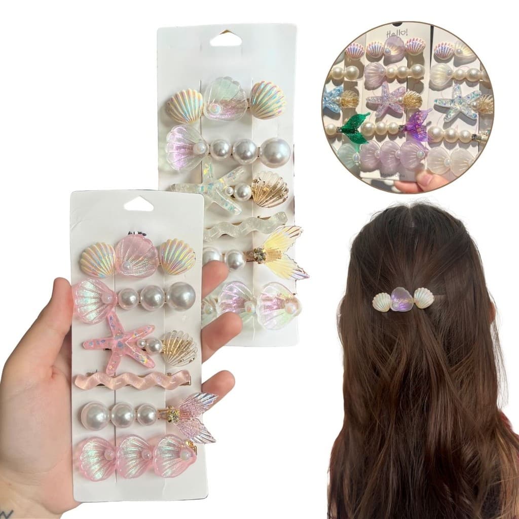 Kit 12 Presilhas Clip Para Cabelo Luxo Formato Conchas Mar Penteado Feminino