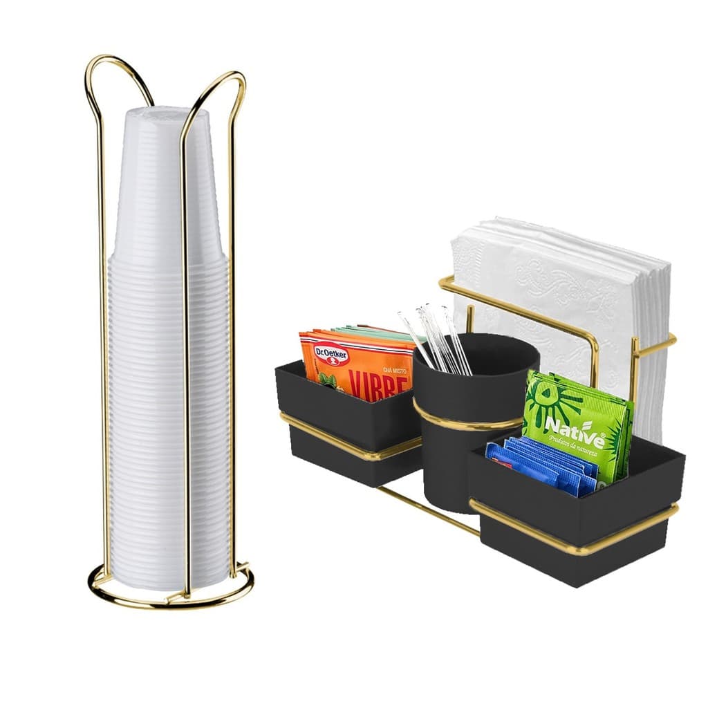 Kit Porta Sachê Guardanapo + Organizador Copos 200ml Café Cozinha Preto Dourado - Future