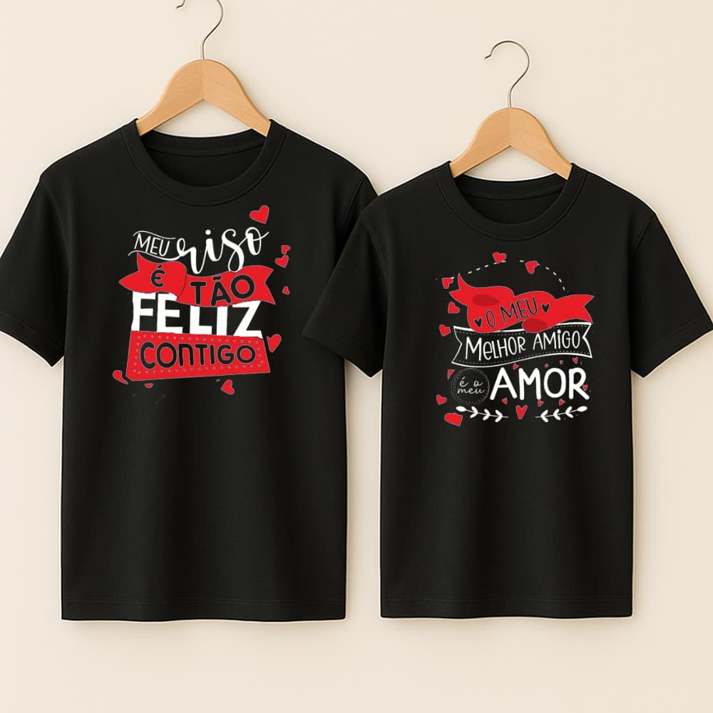 Camiseta Algodão Casal Estampa Velha Infância Letra Música Fofa Presente Dia dos Namorados Metadinha