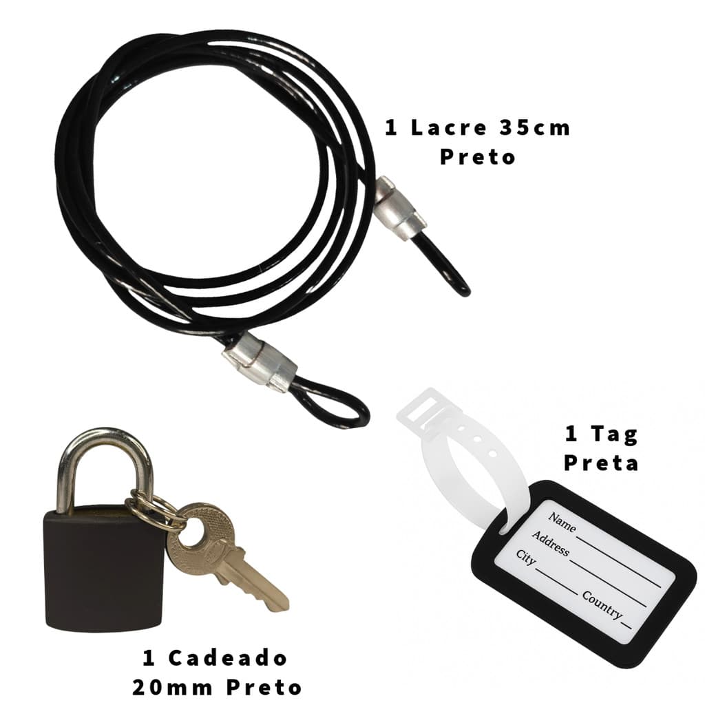 Kit Travel - 1 Lacre Color 35cm + 1 Cadeado Color 20mm + 1 Tag Identificador Bagagem