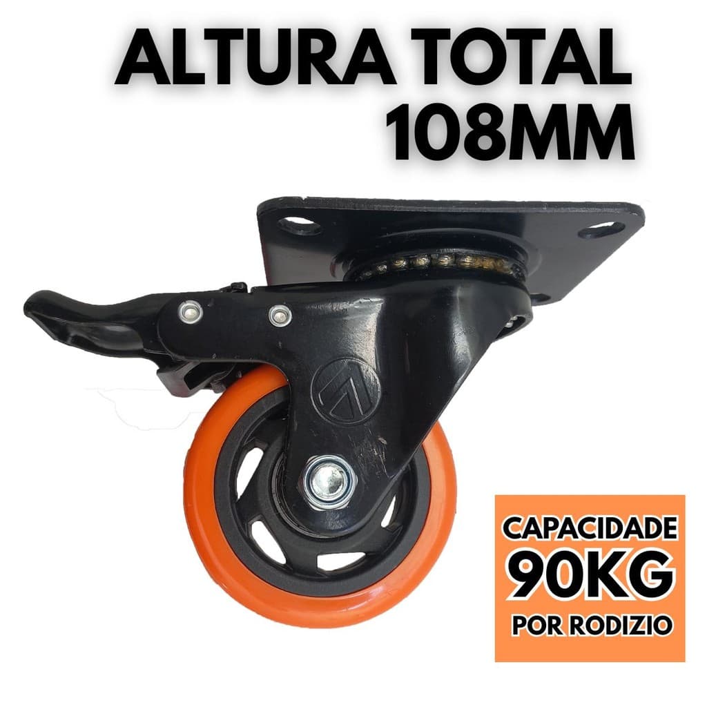 RODIZIO RODA LARANJA 3 POLEGADAS  GIRATORIO COM FREIO 90KG