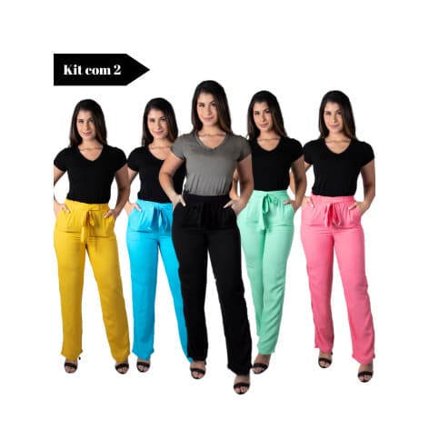 Kit 2 Calças Alfaiataria Feminina Social Cintura Alta Elegante Casual com Bolso