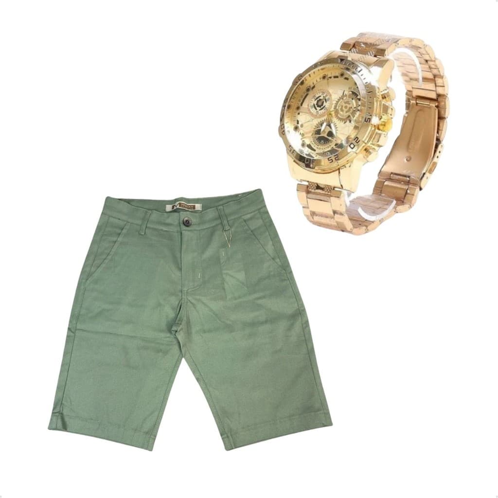 Kit 1 Bermuda Masculina De Alfaiataria Sarja Mais 1 Relogio Dourado De Alta Qualidade Linha Premium