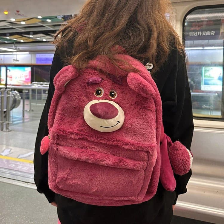 Mochila de Urso Morango Fofo, Estilo Japonês e Coreano, Mochila de Estudante de Pelúcia HWXK