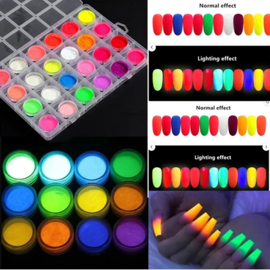 Caixa 24 Cores Pó Neon em Torre Para Decoração de Unha Maquiagem