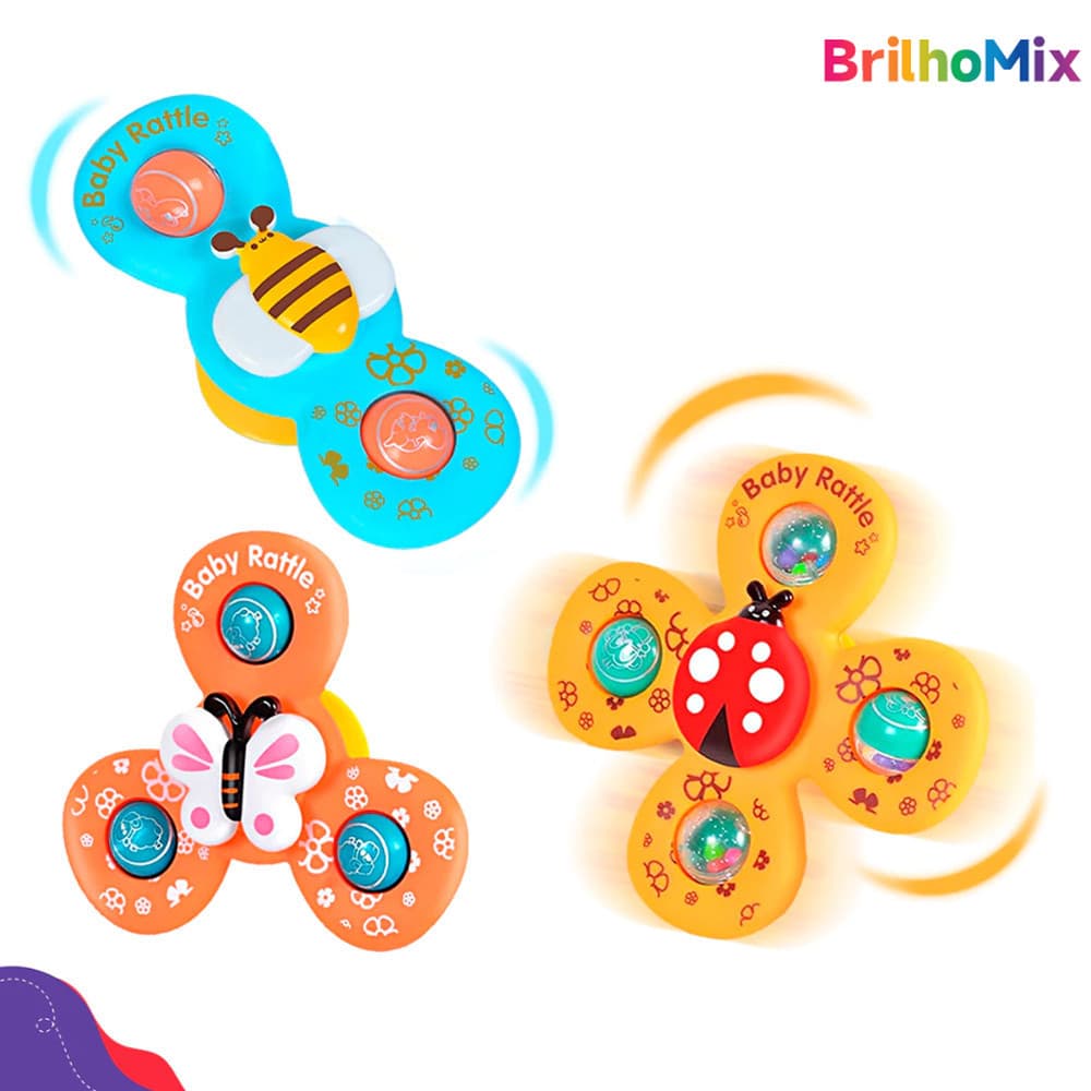 Kit 3 Brinquedos Sensoriais para Bebê - Ventosa Gira Spinner Estimulação Visual e Tátil