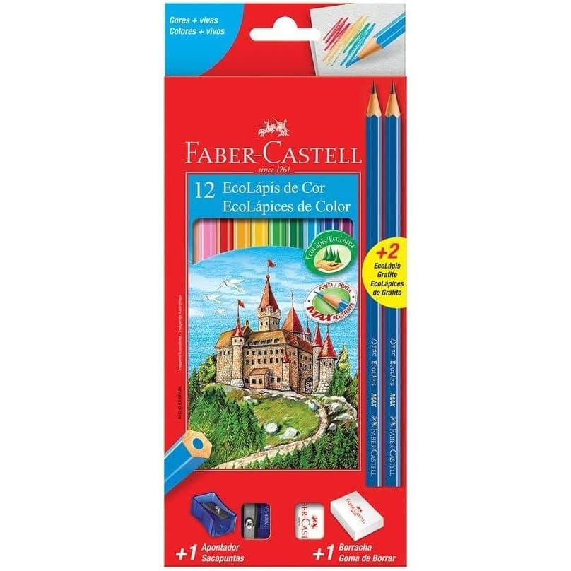 Kit Escolar Lapis de Cor Sextavado + 2 Lapis Max + Apontador + Borracha, Faber-Castell, 12 Cores