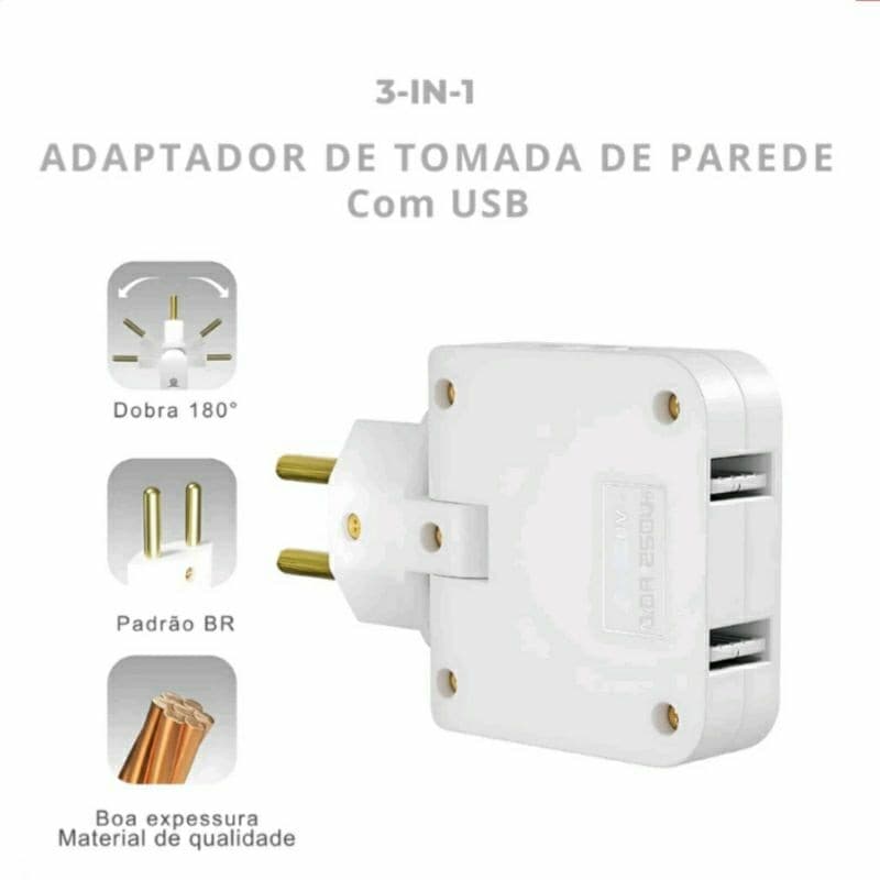 Adaptador Benjamin de Tomada com Usb 10A Articulado Dobrável 4 entradas