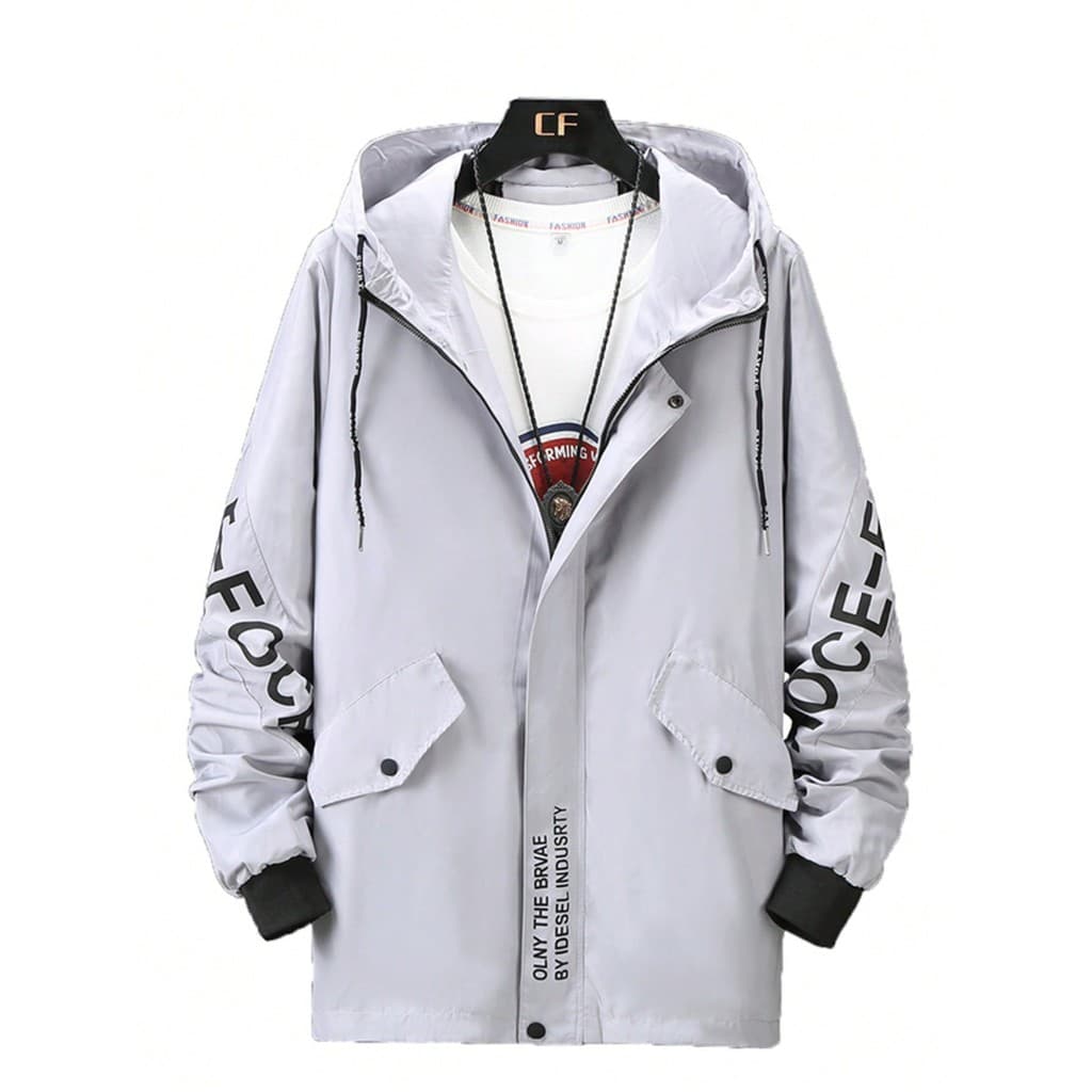 Jaqueta masculina com capuz tamanho grande, moda primavera e outono, tecido com estampa de letras,