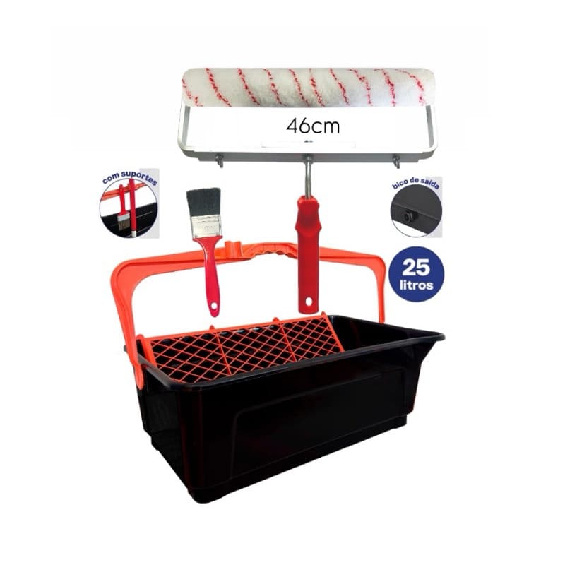 Kit de Pintura C/ Rolo 46cm, Bandeja 25L c/ Alça + Suporte Duplo+ Trincha 1.1/2