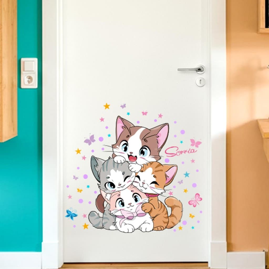 Adesivo Infantil Gatos Kawaii Decorativo Para Porta Lavável Seguro Fácil Aplicação Quarto Bebê Criança