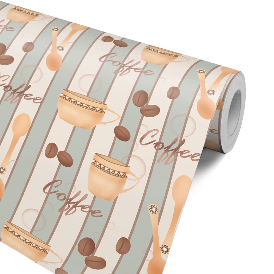 Papel de Parede para cozinha Listrado com Xícaras de Café Azul e Bege