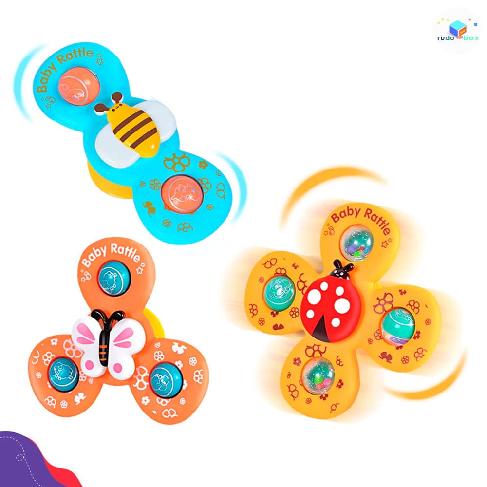 Kit 3 Brinquedos Sensoriais para Bebê - Ventosa Gira Spinner Estimulação Visual e Tátil
