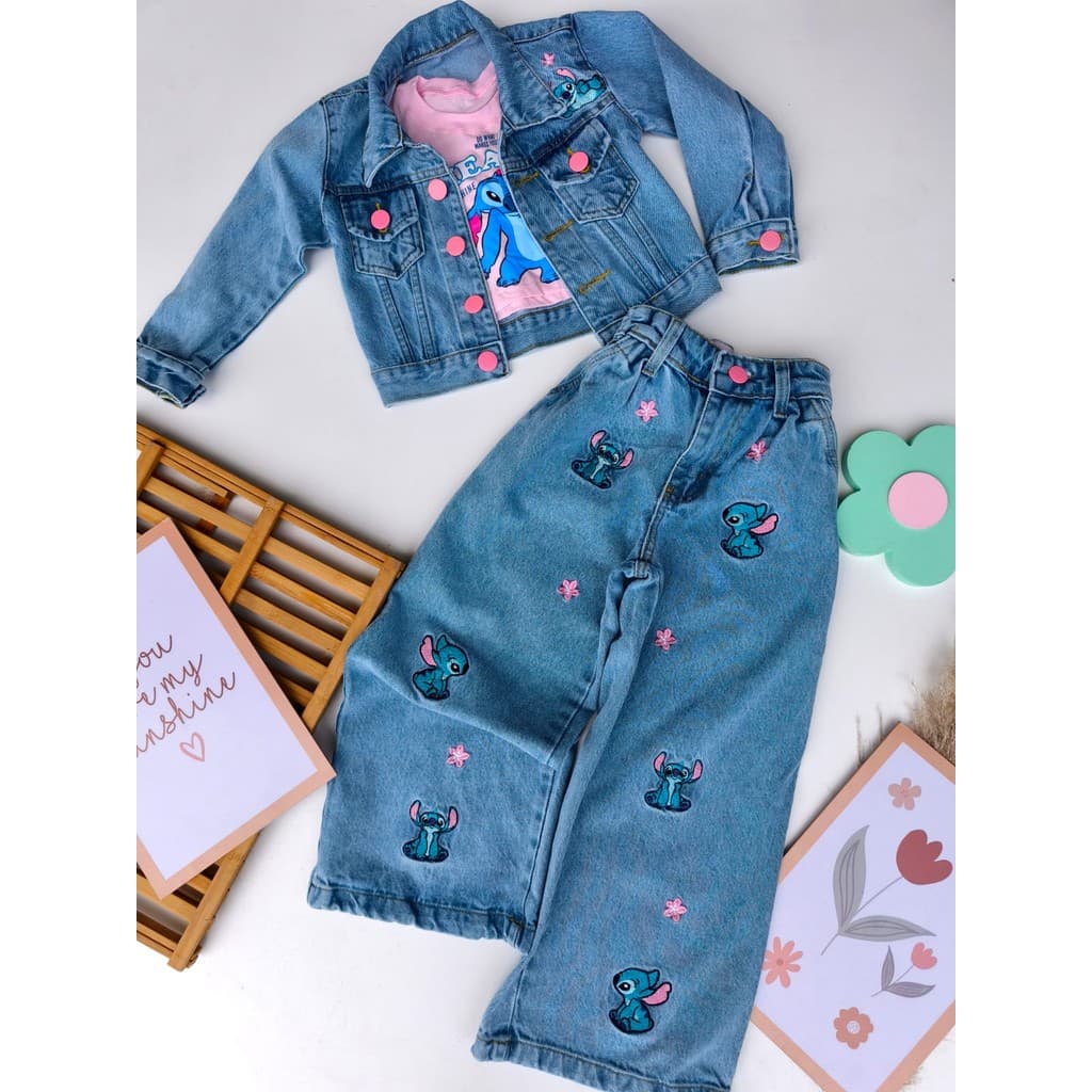Conjunto Stitch Jaqueta e calça jeans bordada
