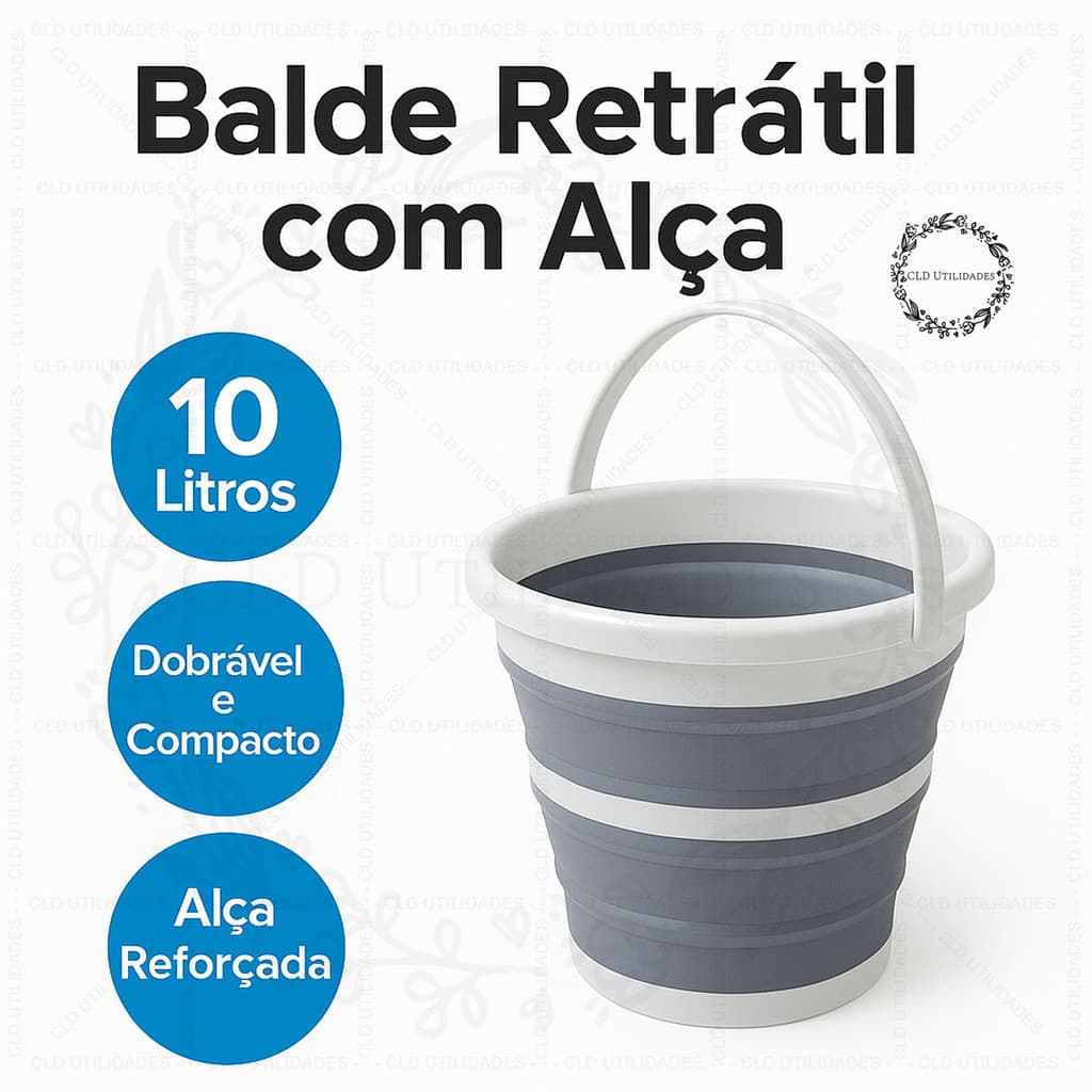 Balde Dobrável Compacto e Resistente Retrátil 10L Premium Cinza e Branco