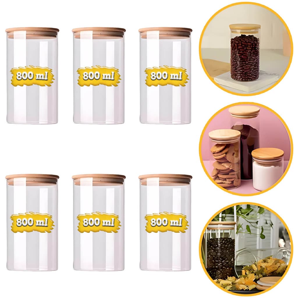 6 Potes De Vidro Herméticos 800ml Para Mantimentos Tampa De Bambu