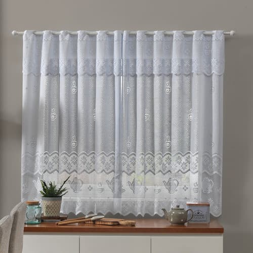 Cortina Renda Cozinha Bule Café 2,80m x 1,50m Branco Clássico Chique Casa Decorativo Luxuoso Lindo