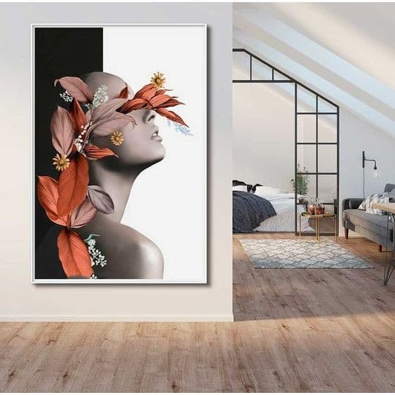 Painel decorativo 80x60 mulher floral fundo preto e branco tendencia quarto escritorio sala hall