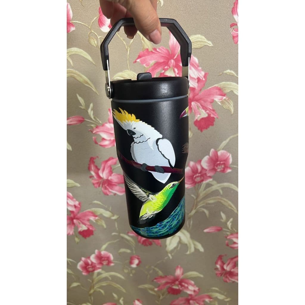 COPO TERMICO 600ML BIRDS ESTAMPADO PASSAROS TUCANO ARARA COM  TAMPA CANUDO E ALÇA