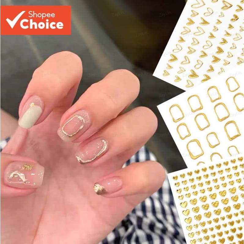 Ouro Y2K Adesivos De Arte Do Prego 3D Coração Irregular Borda Padrão Decalques De Unhas Para Meninas DIY Auto-Adesivo Su