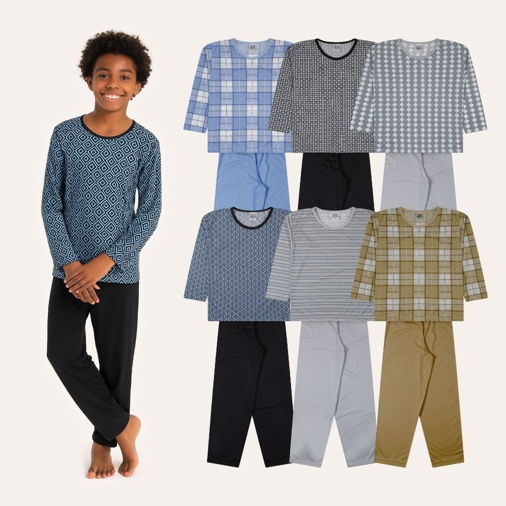 Kit 6 Peças Pijama Estampado Infantil Juvenil Masculino 3 Blusas + 3 Calças