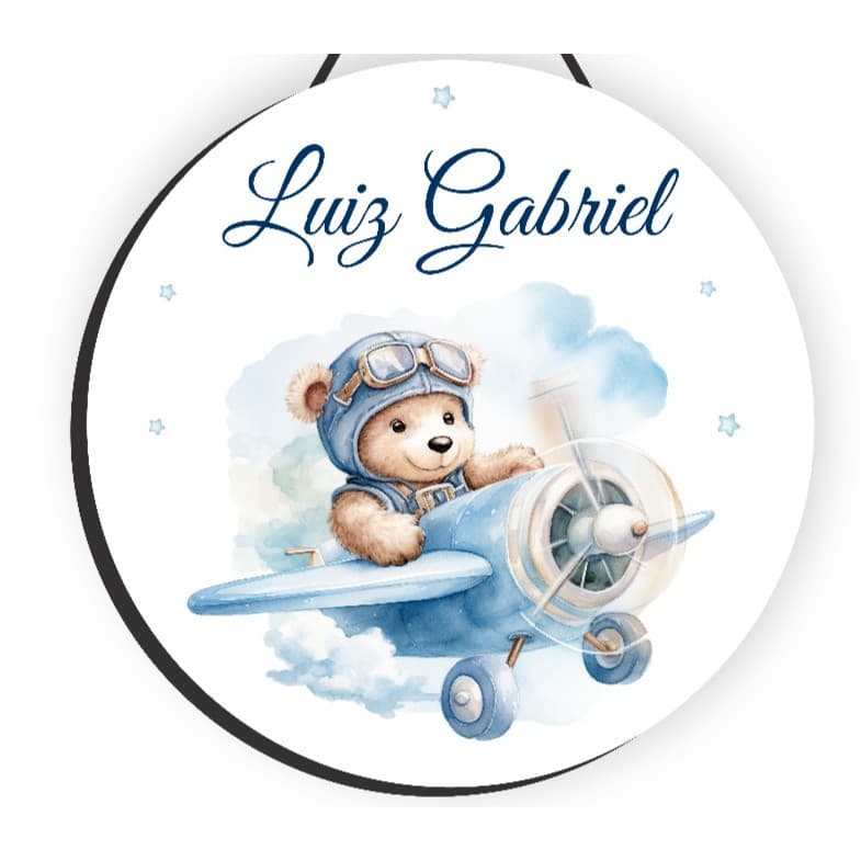 Enfeite Porta Maternidade Urso Aviador Aquarela, Ursinho Baby - Nome personalizado - GUIRLANDA