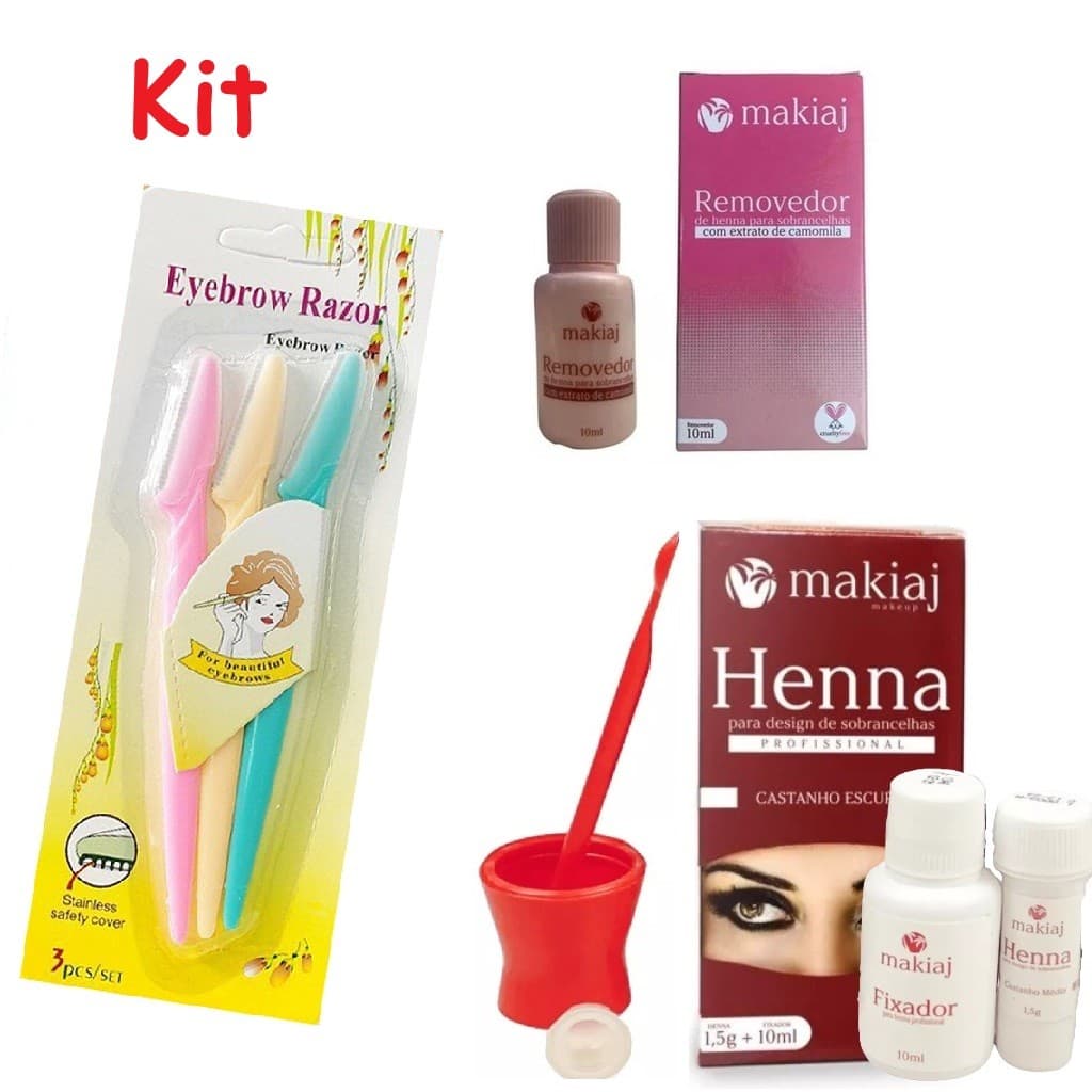 Kit Henna Makiaj para Sobrancelhas Henna e Removedor e Lâminas