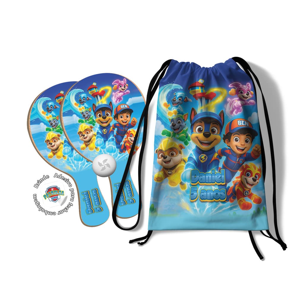 7/10/15/20/25 Kit Mochilinha e Raquetes Ping Pong - Patrulha Canina