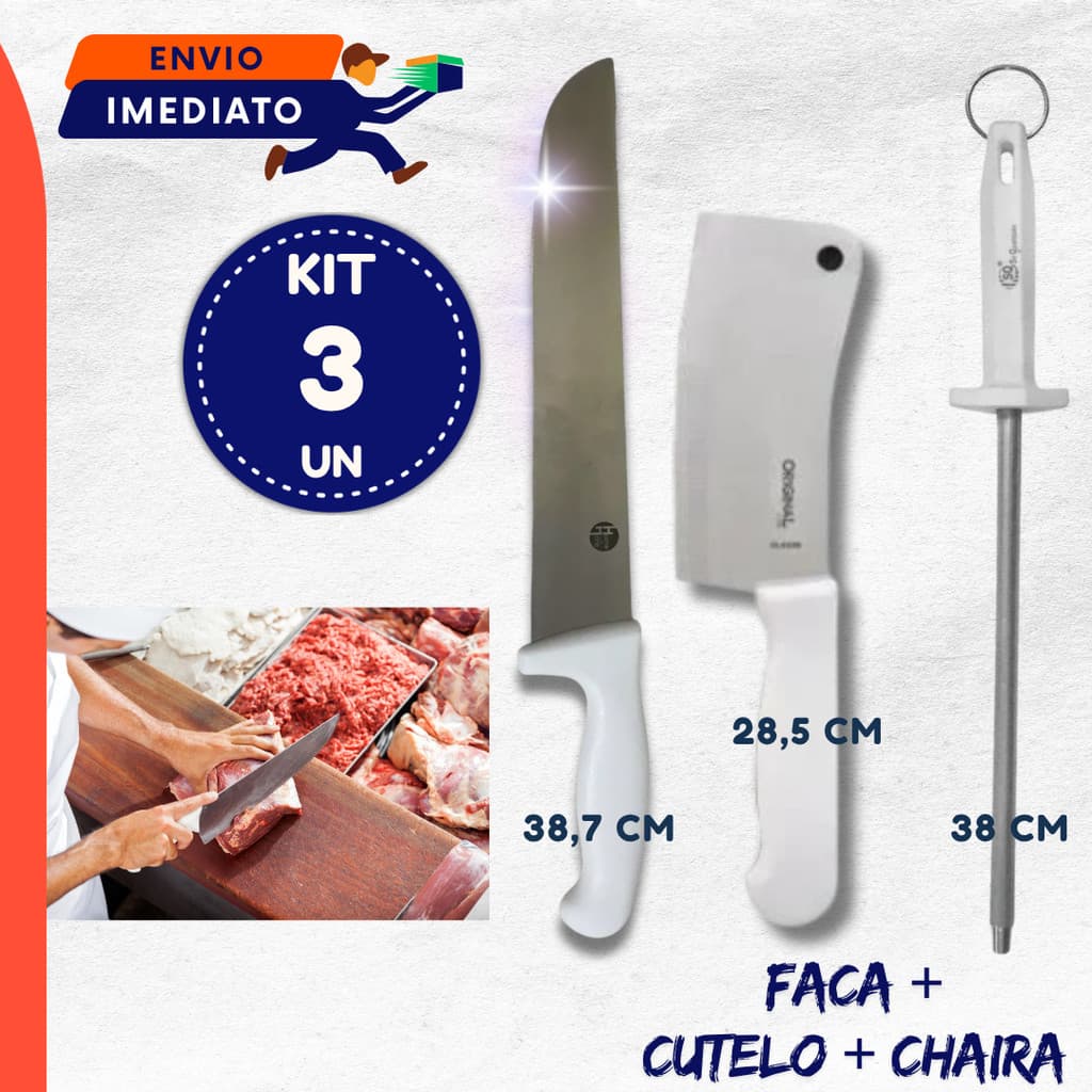 Faca Top Chef Inox + Cutelo Profissional + Chaira Para Carnes 2 3 Peças