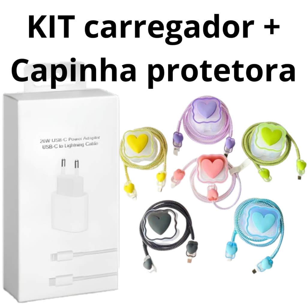 KIT Carregador IOS lightning e Capa Protetora cabo e fonte COMPLETO DE CORAÇÃO para Carregador IPHONE 18 e 20w