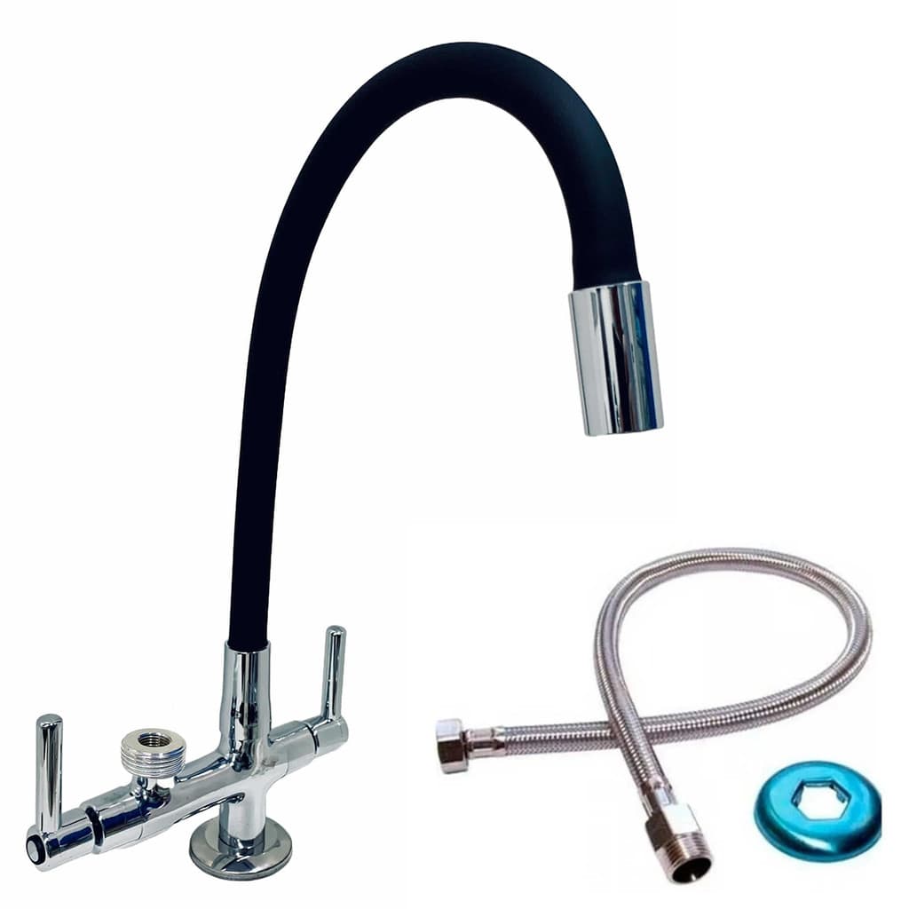 Torneira Saída Máquina de Lavar Cozinha Mesa Flexível Preta + Engate Flex