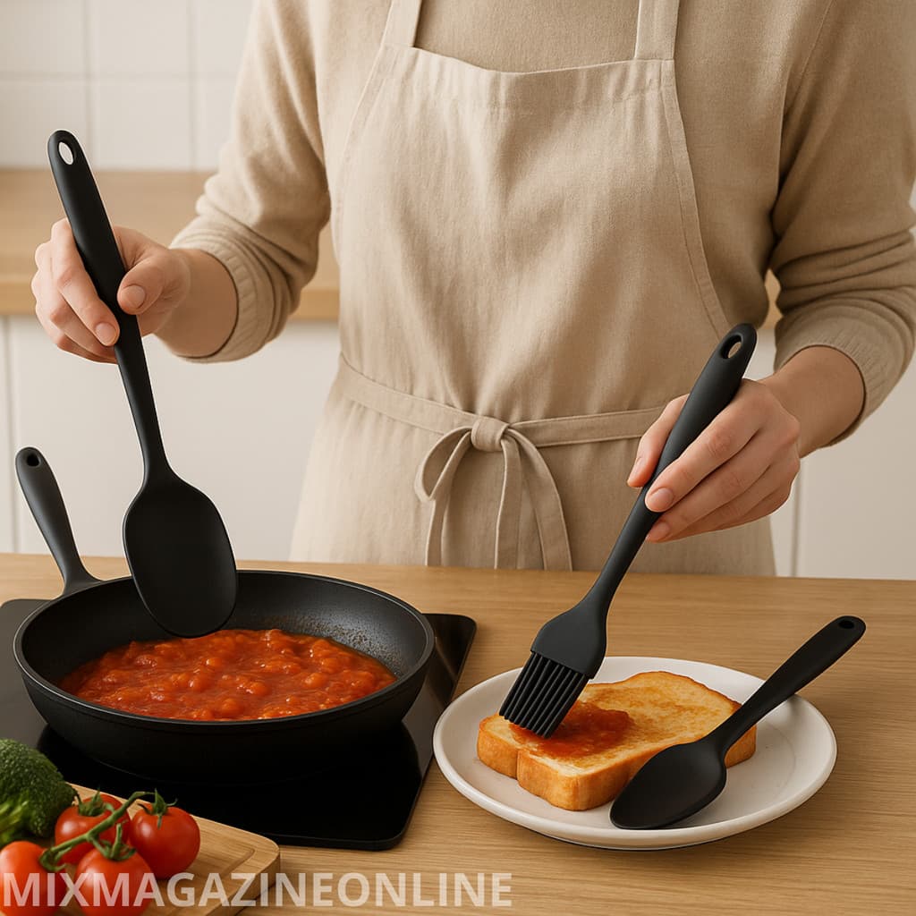Kit com 3 Utensílios de Silicone Colher Cabo Longo + Pincel Culinário + Espátula Multiuso Preta