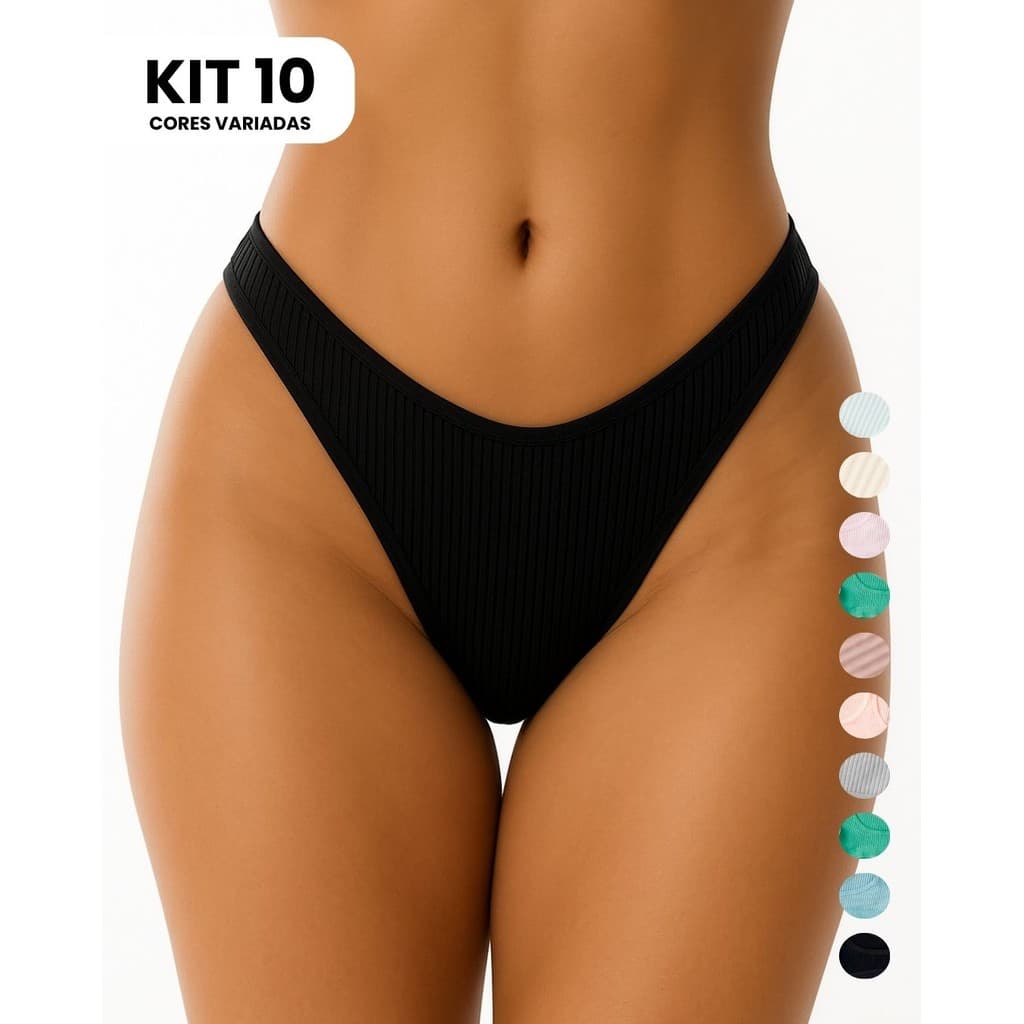 KIT 10 Calcinha Feminina Fio Dental Algodão Canelado Conforto