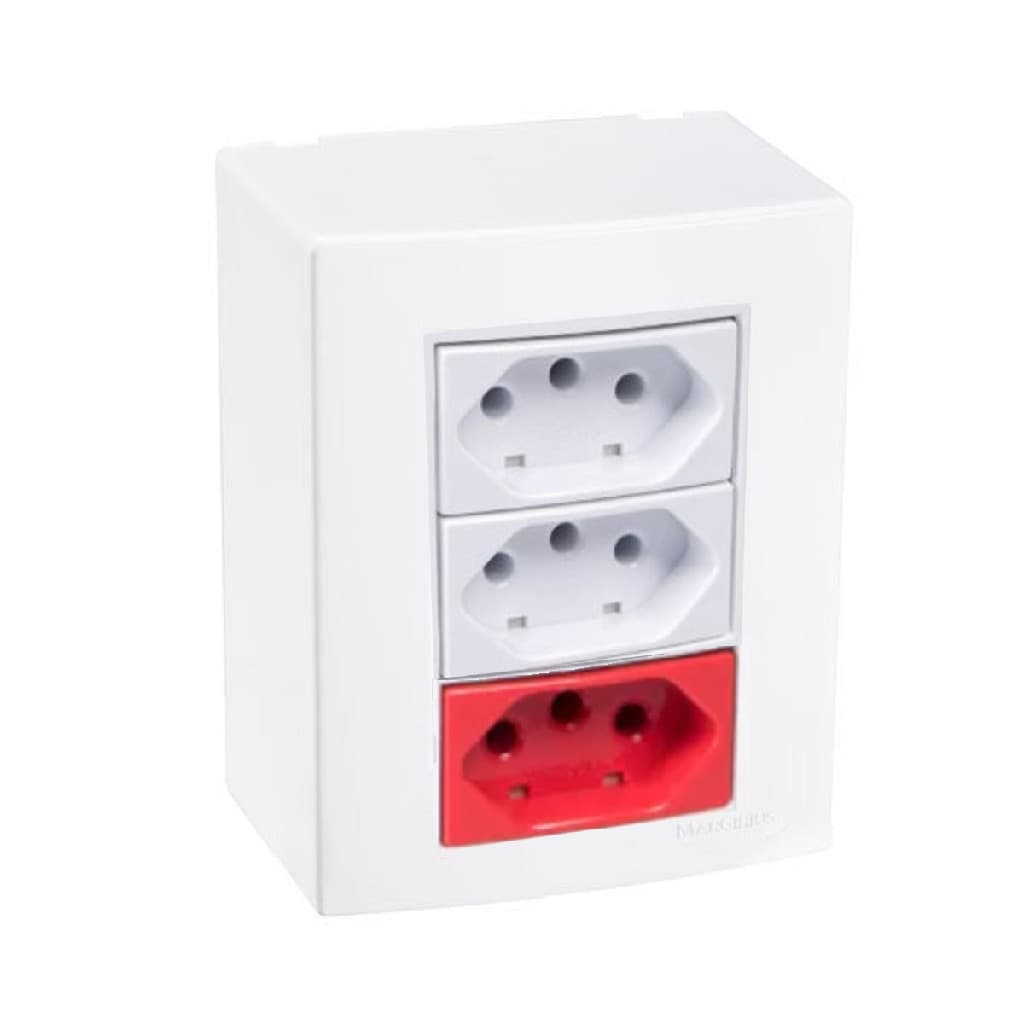 CAIXA SOBREPOR 3 TOMADAS 20A 2 branca 1 Vermelha LINHA SLEEK