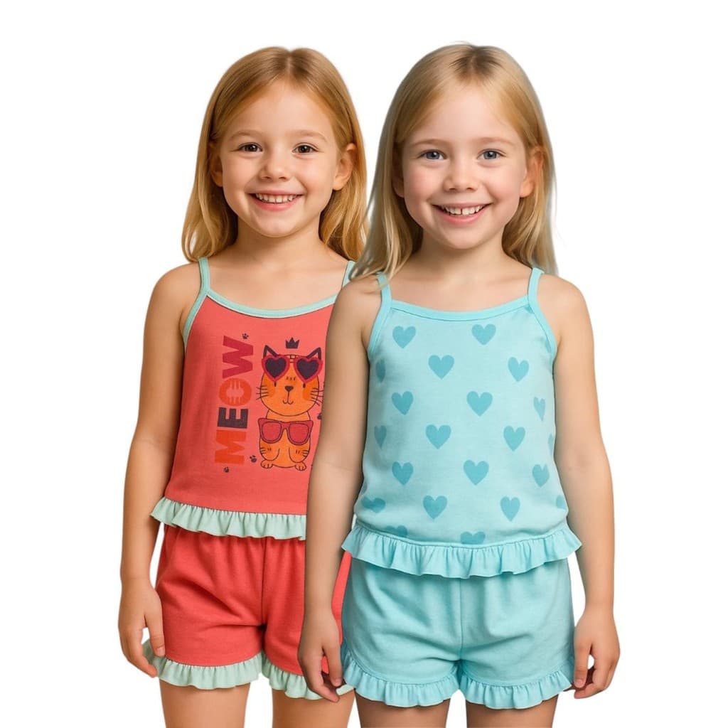 Kit 2 Pijama Baby Doll Infantil Menina Verão Alcinha Babadinho De Malha Barato Estampa Sortida