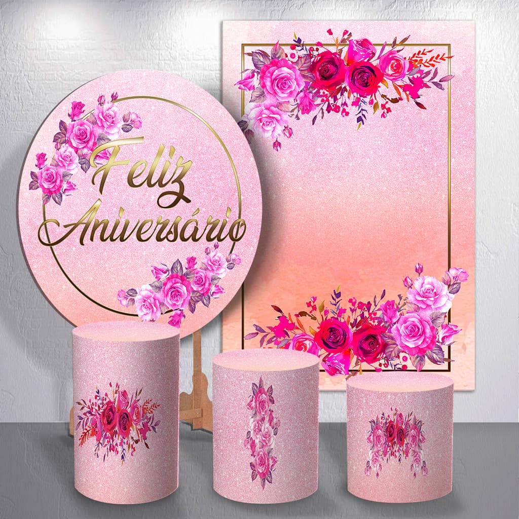 Painel e Cilindros Festa Infantil Capas Decoração Feminina Glitter Feliz Aniversario Kit ou Avulso